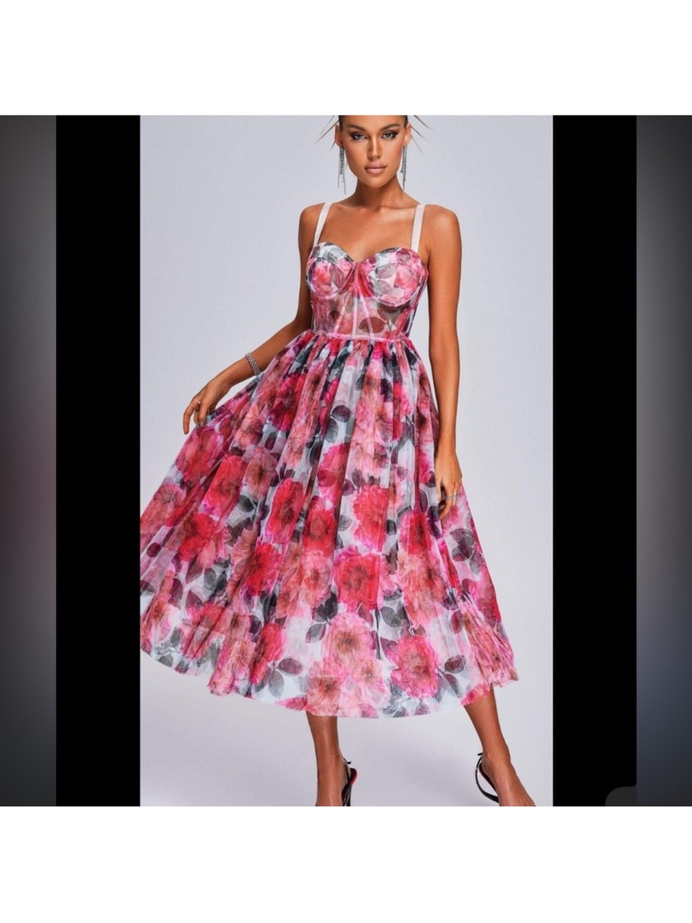Floral Pink A-Line Midi Dress with Sheer Bodice